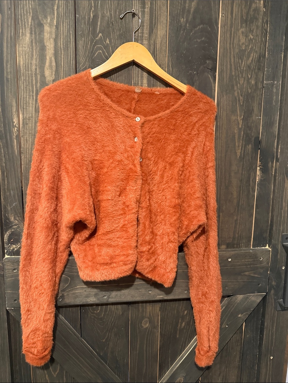 Button-Front Fuzzy Cardigan Sweater - Rust